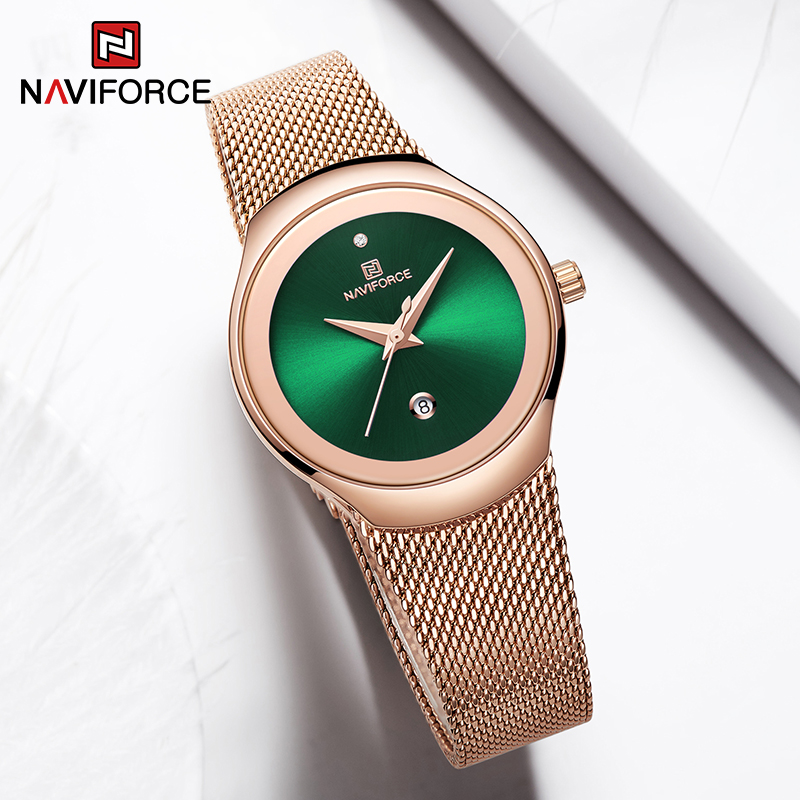 Mesh Stainless Strap - Üst marka NAVIFORCE lüks yeşil Analog